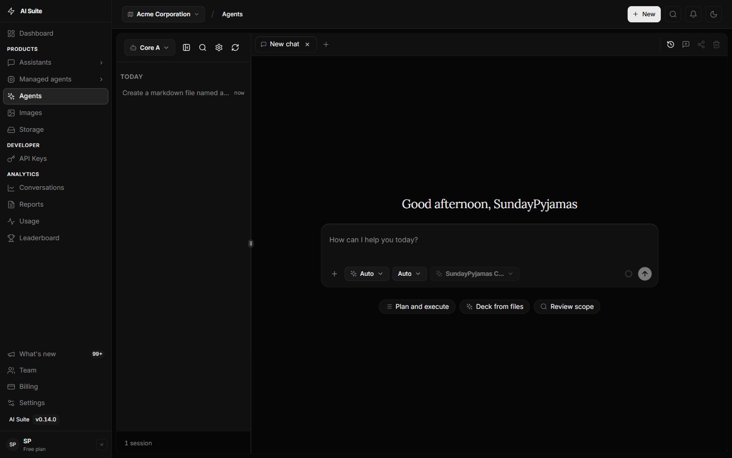 The Agents tab showing the session list, chat, and the Core Agent