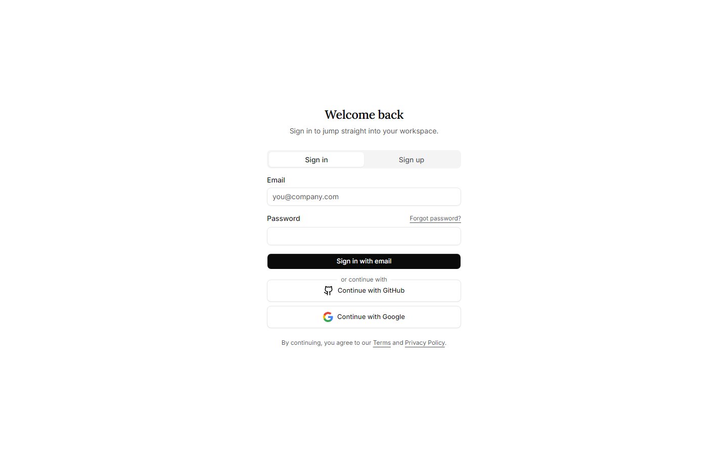 Sign in form with email and password fields
