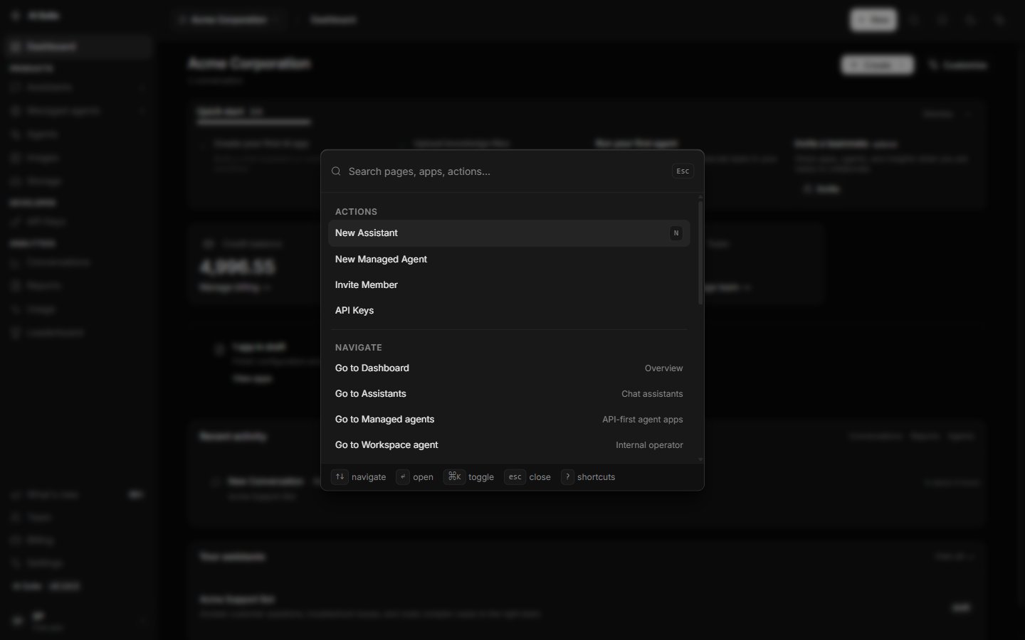 Command search box open with a list of destinations