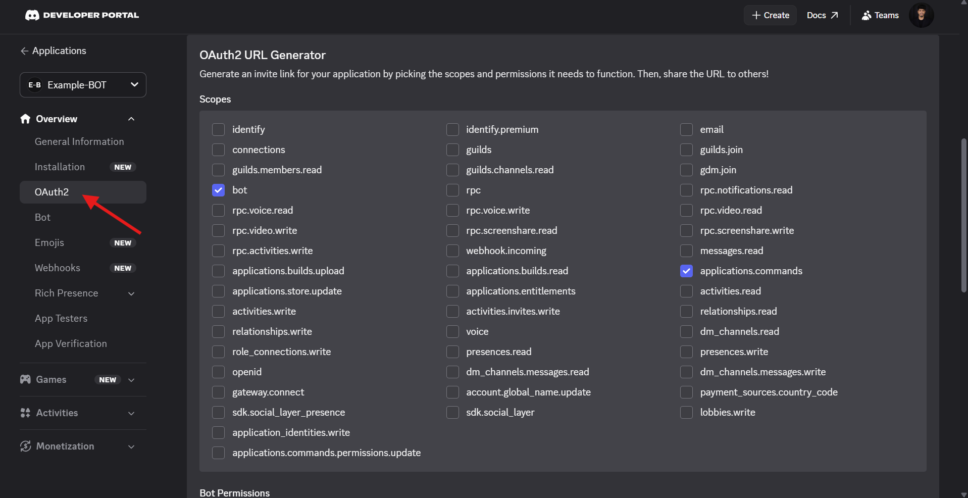 OAuth2 URL generator scopes