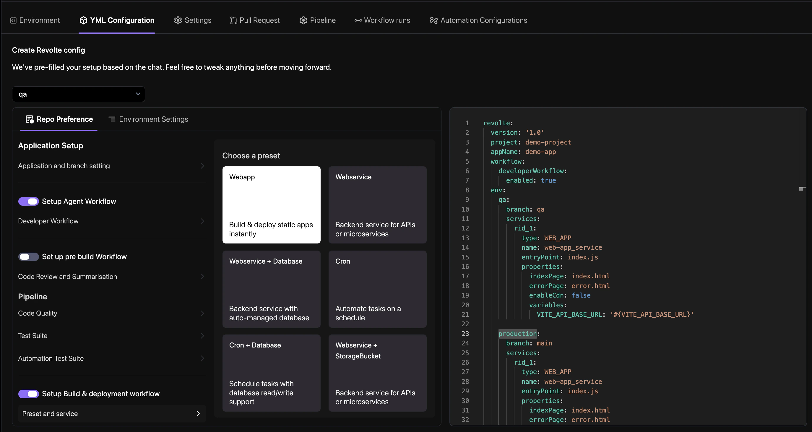 Choose Web App Preset