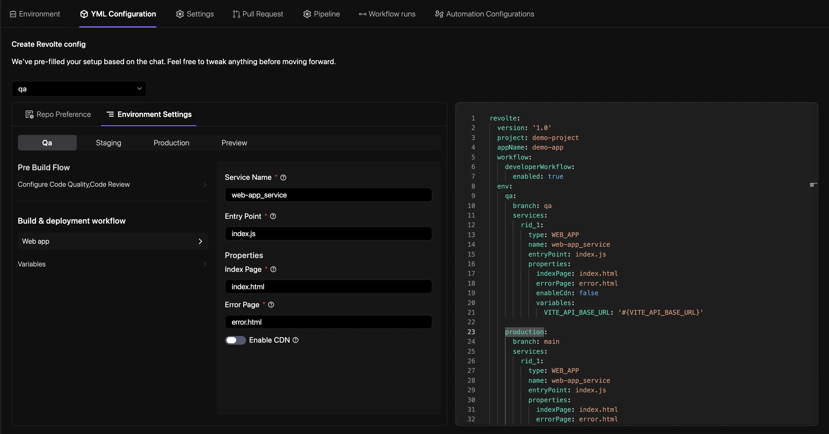 Web App tab — QA environment