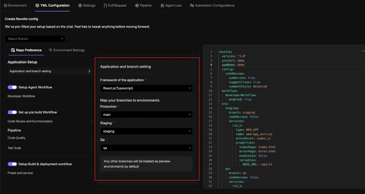 Pipeline configuration screen
