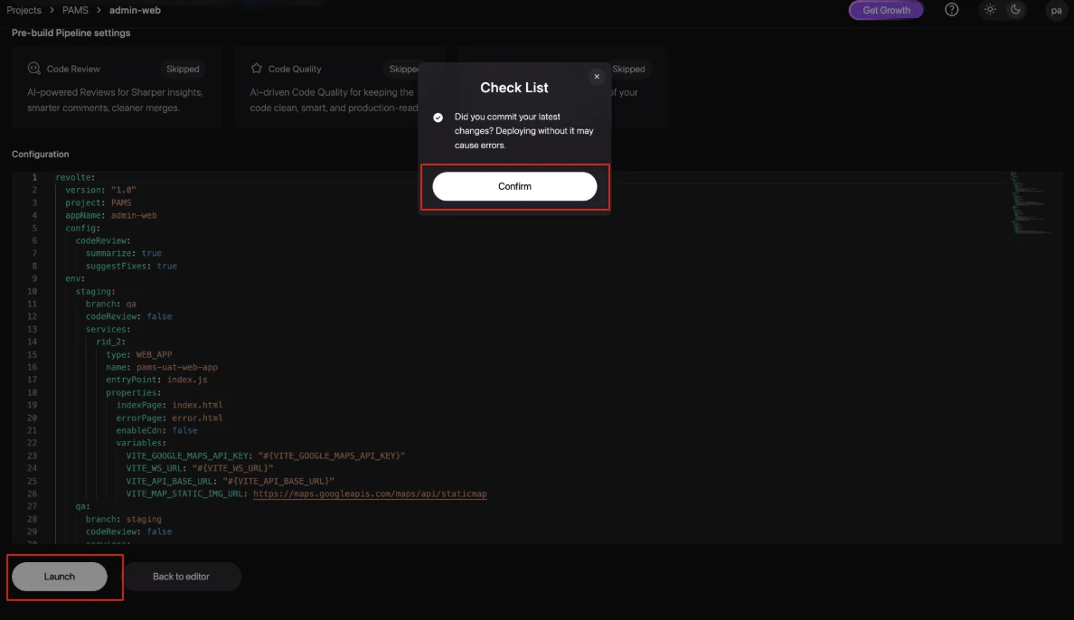 Launch confirmation checklist