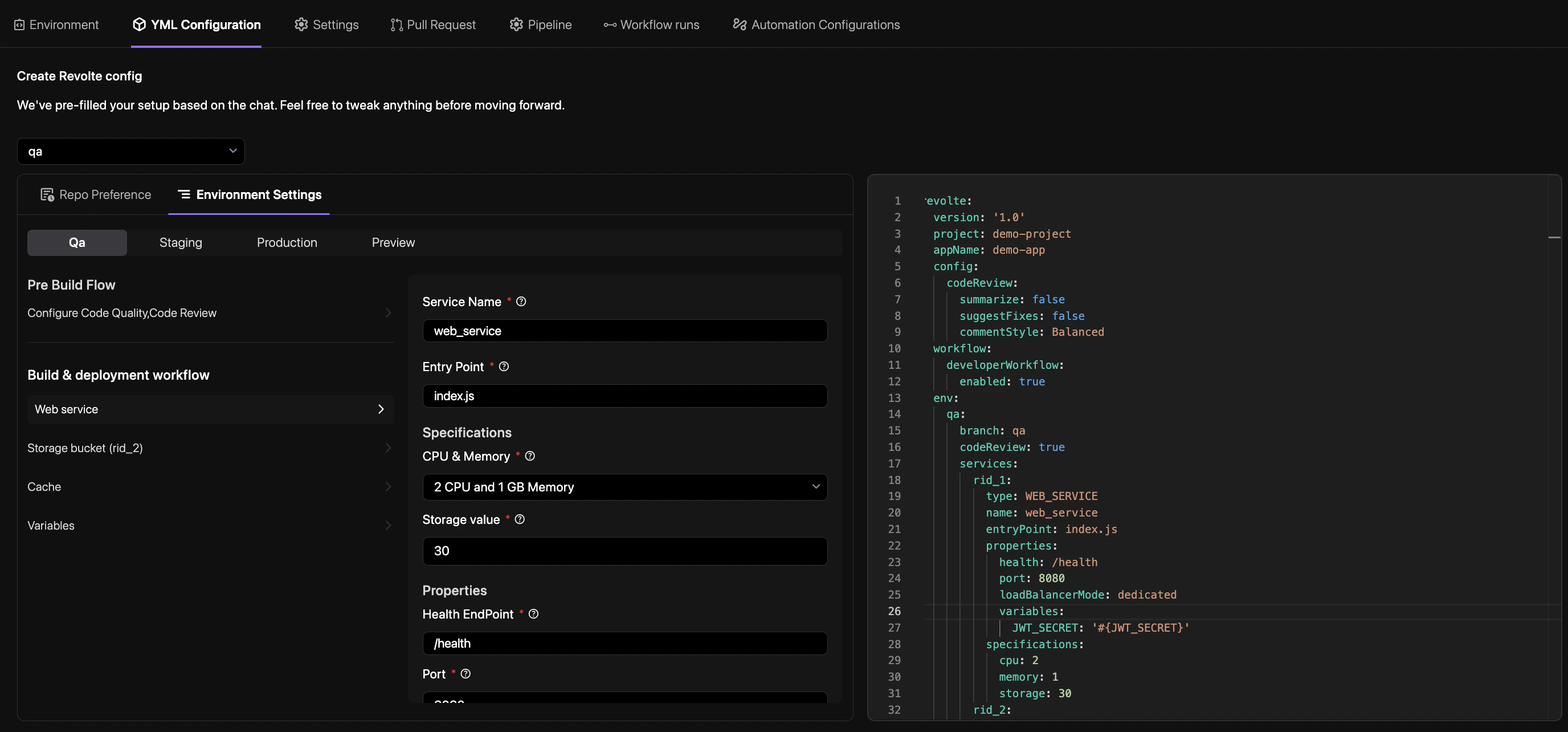 Webservice tab — QA environment