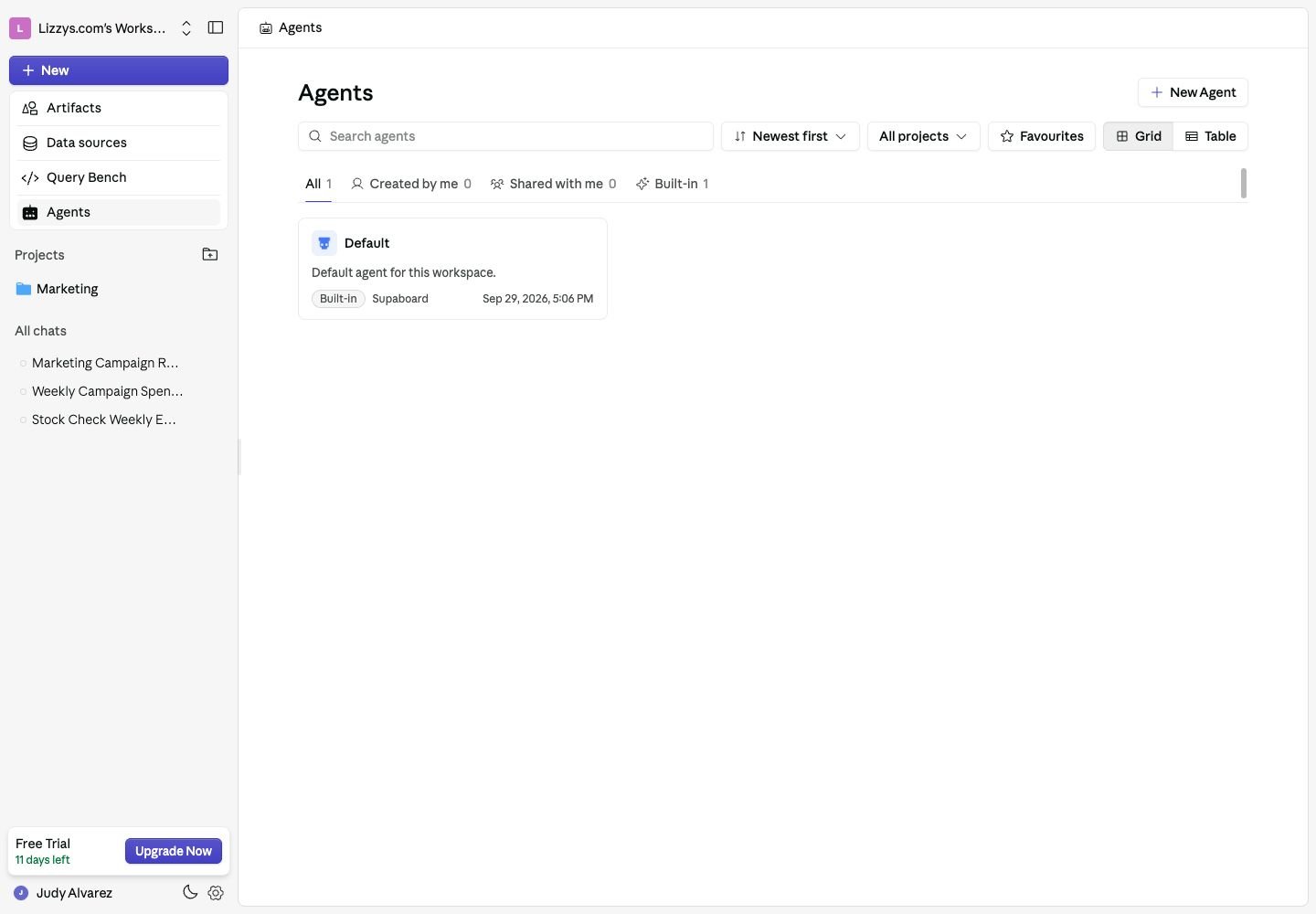Agents library with its New Agent button and existing default agent