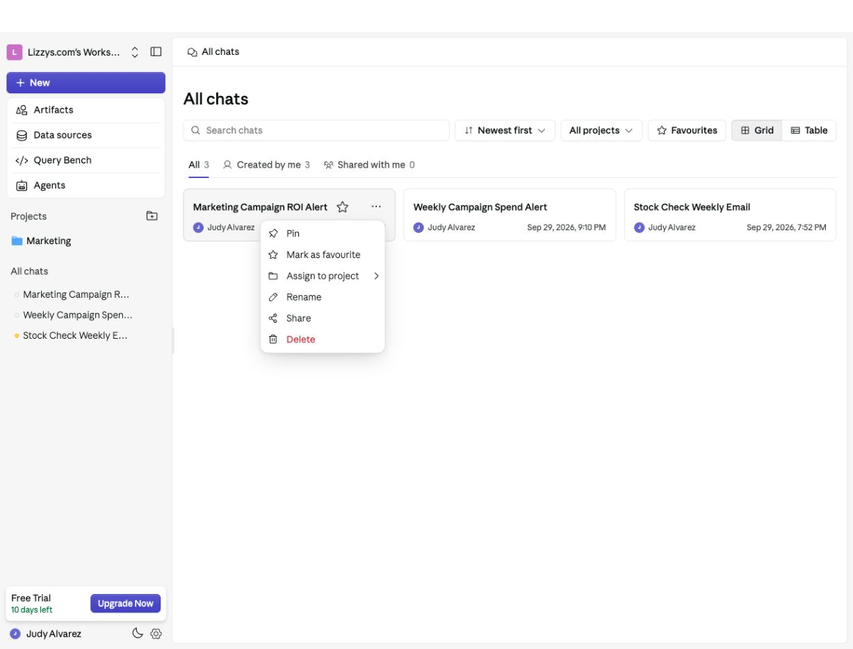 Chat actions menu showing Pin, Mark as favourite, Assign to project, Rename, Share, and Delete
