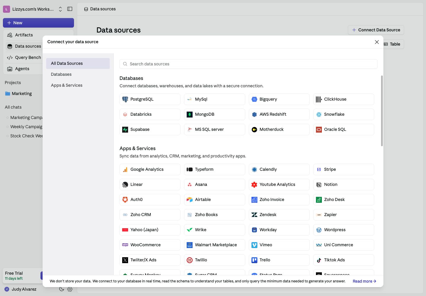 Connect your data source dialog with database and app connectors
