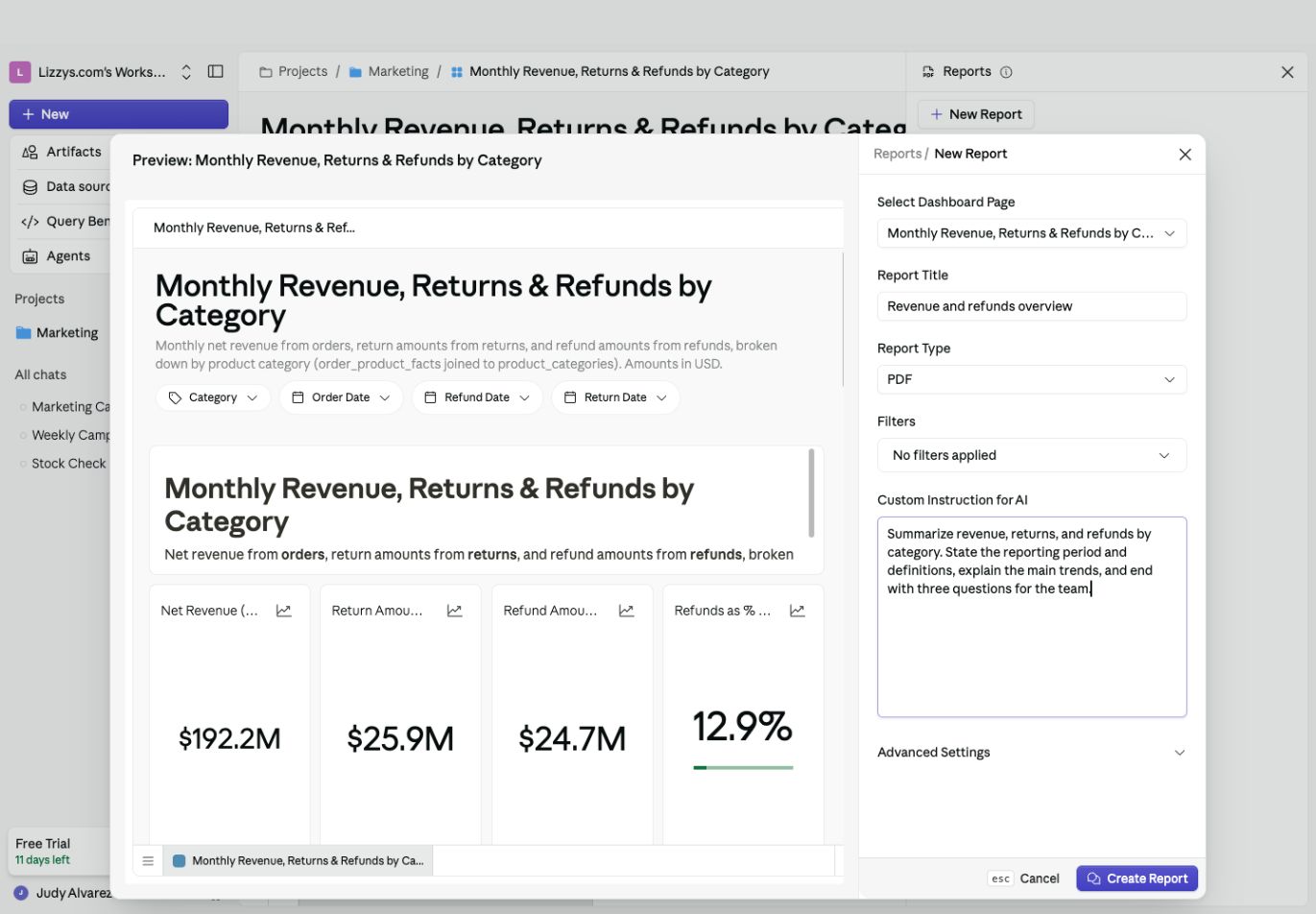 New Report dialog with a revenue dashboard preview, PDF format, filter selector, and custom AI instructions
