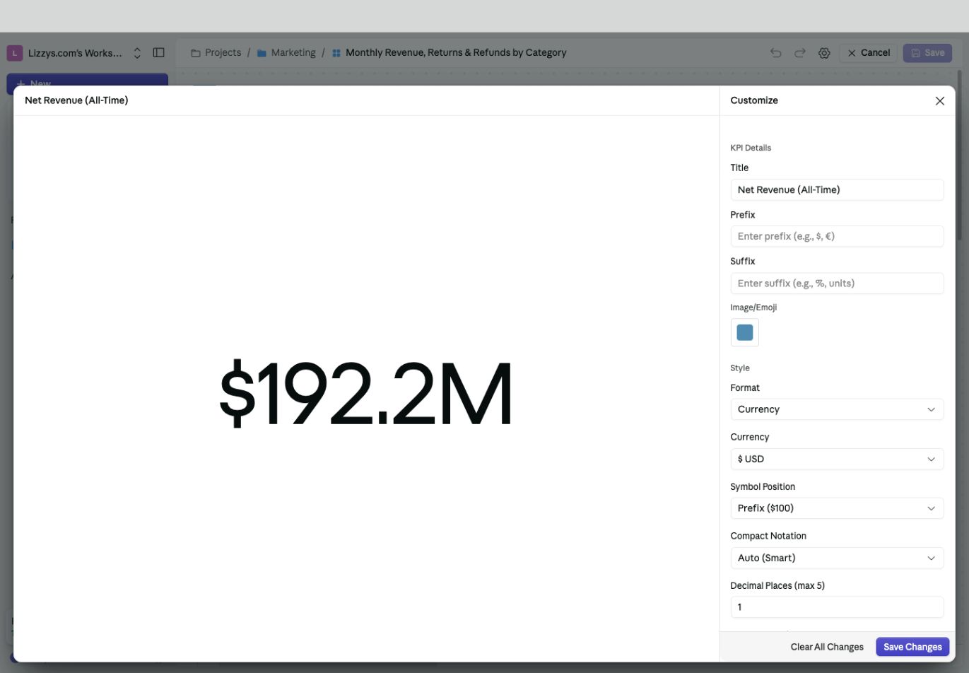 KPI preview displaying net revenue with currency format, USD, Auto compact notation, and one decimal place