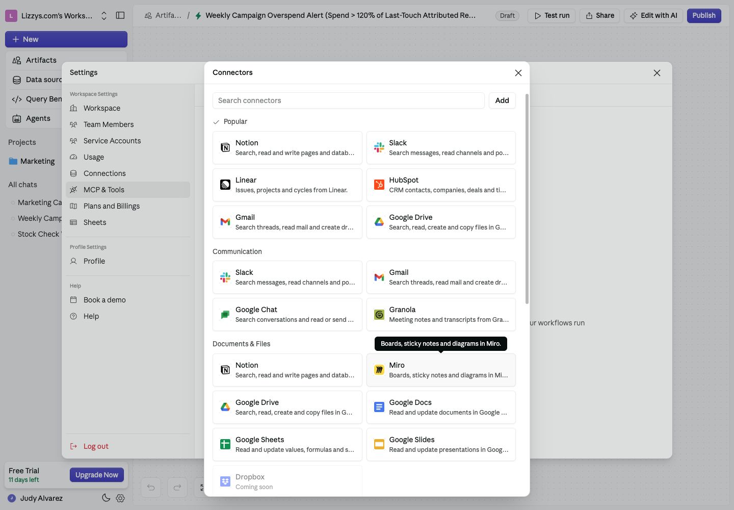 MCP connector catalog with search, service choices, and the Add button