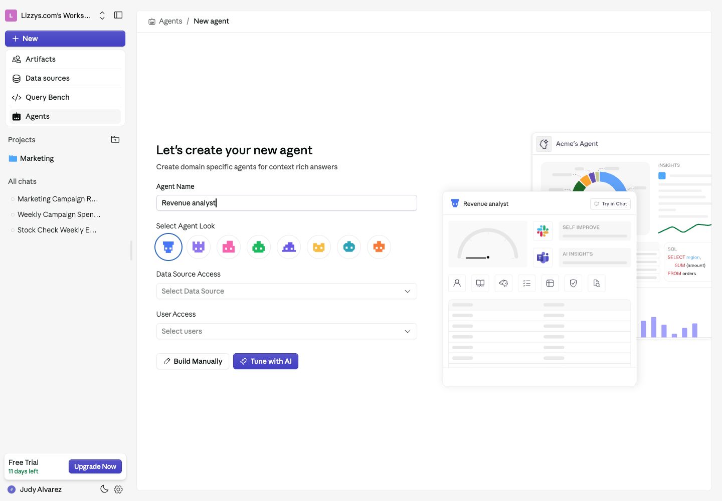 New Agent form with a Revenue analyst name, data source access, user access, and setup choices