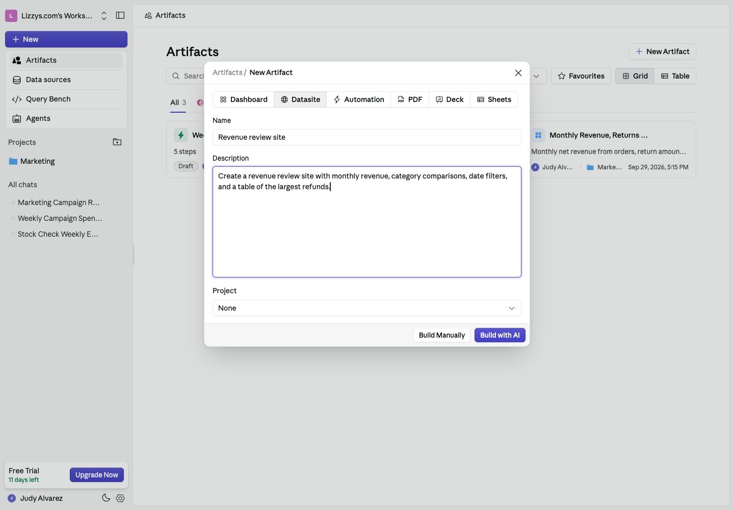 New Artifact form with Datasite selected and a revenue review brief