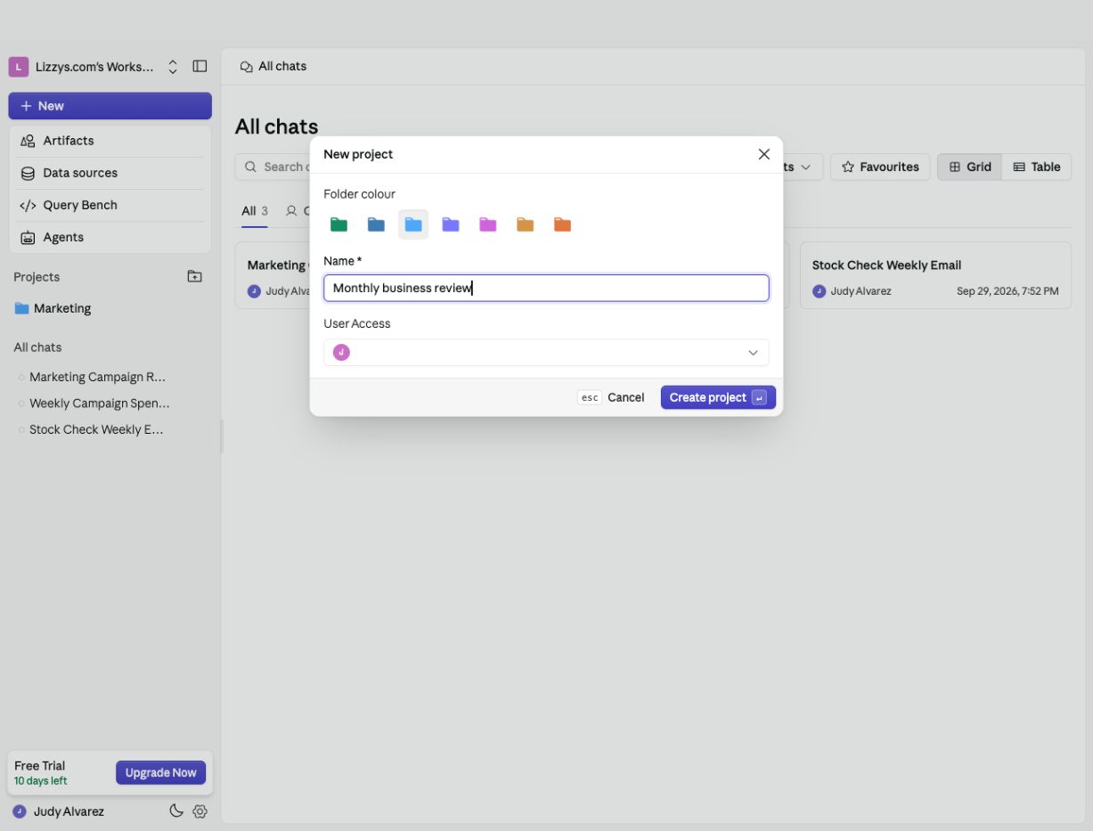 New project dialog with Monthly business review entered as the name, folder colors, and User Access