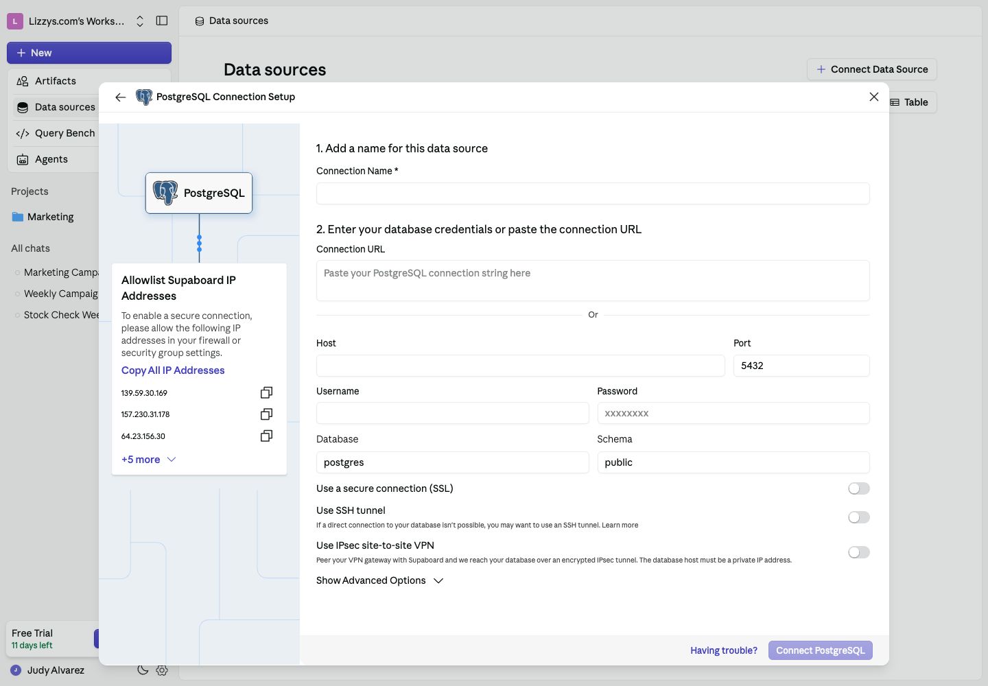 PostgreSQL setup form with connection name, database credentials, and secure connection controls