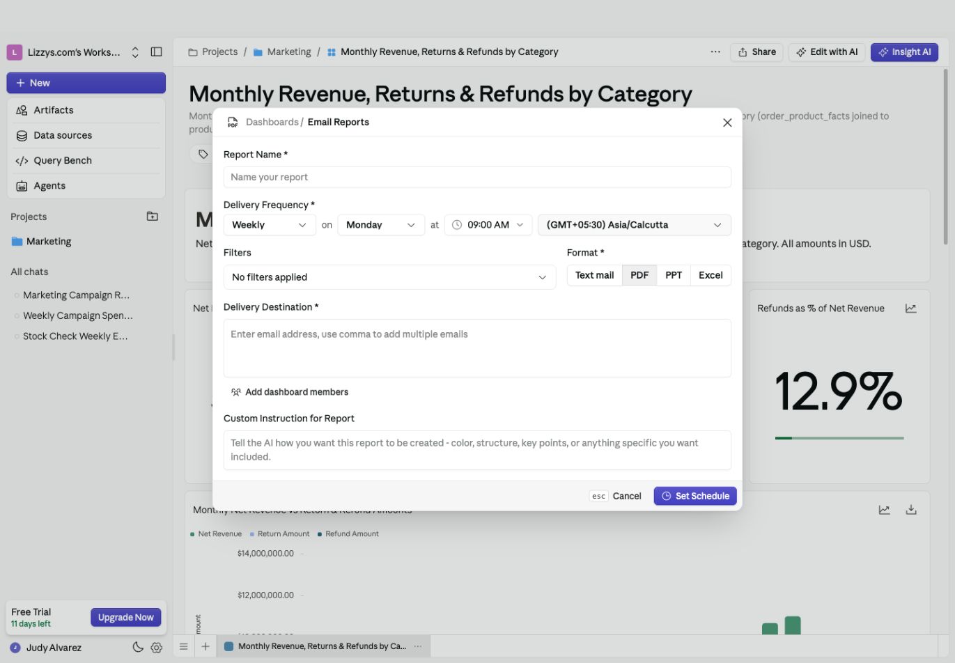 Email Reports form with weekly delivery, time and timezone, filter selection, formats, recipients, and Set Schedule
