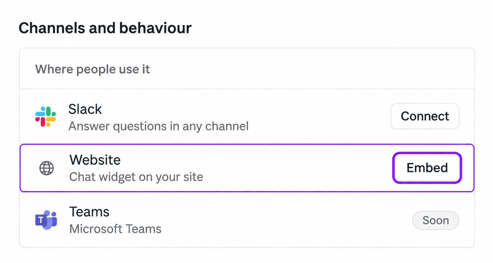 Cropped channels section with the Website row and Embed button highlighted in purple