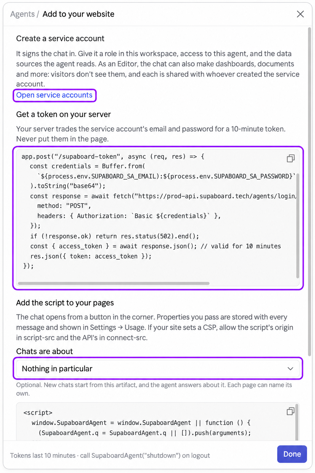 Cropped Add to your website dialog with Open service accounts, the server token example, and Chats are about highlighted in purple