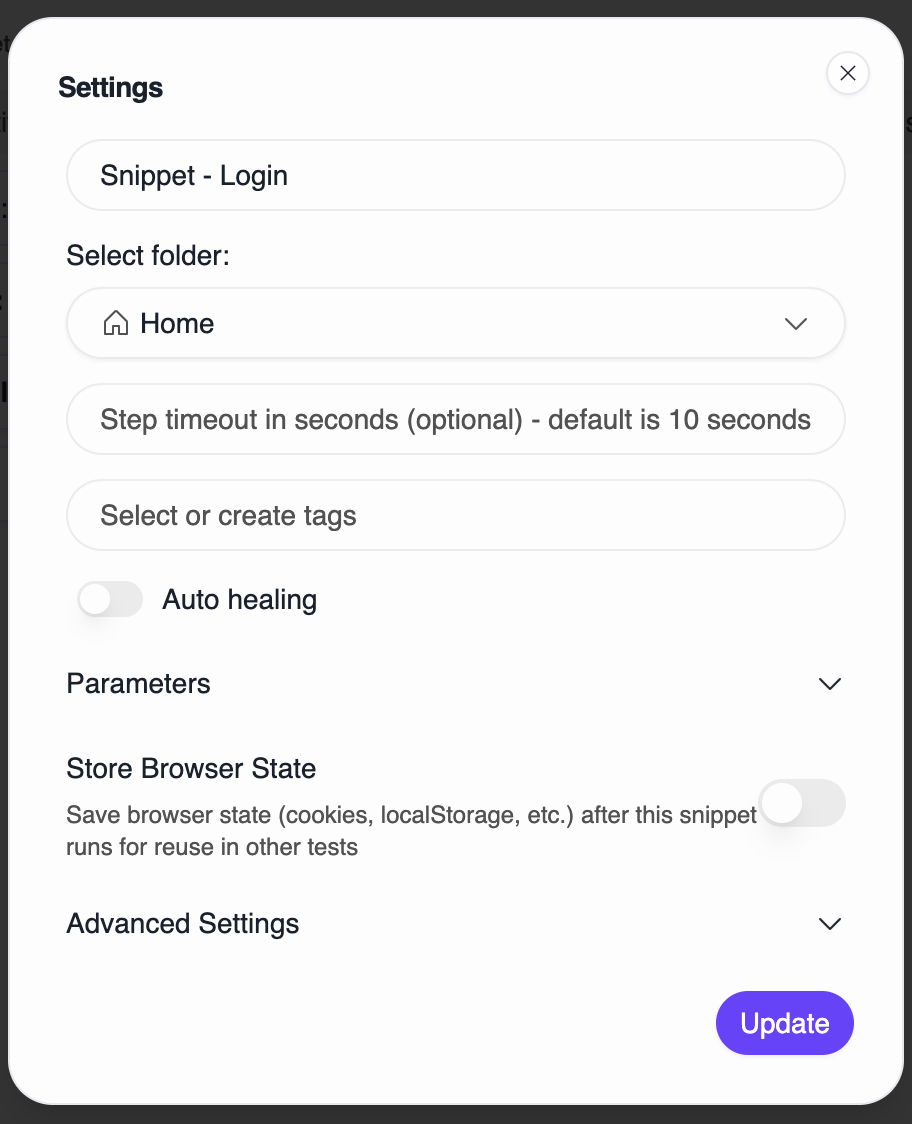 Browser state toggle in snippet settings