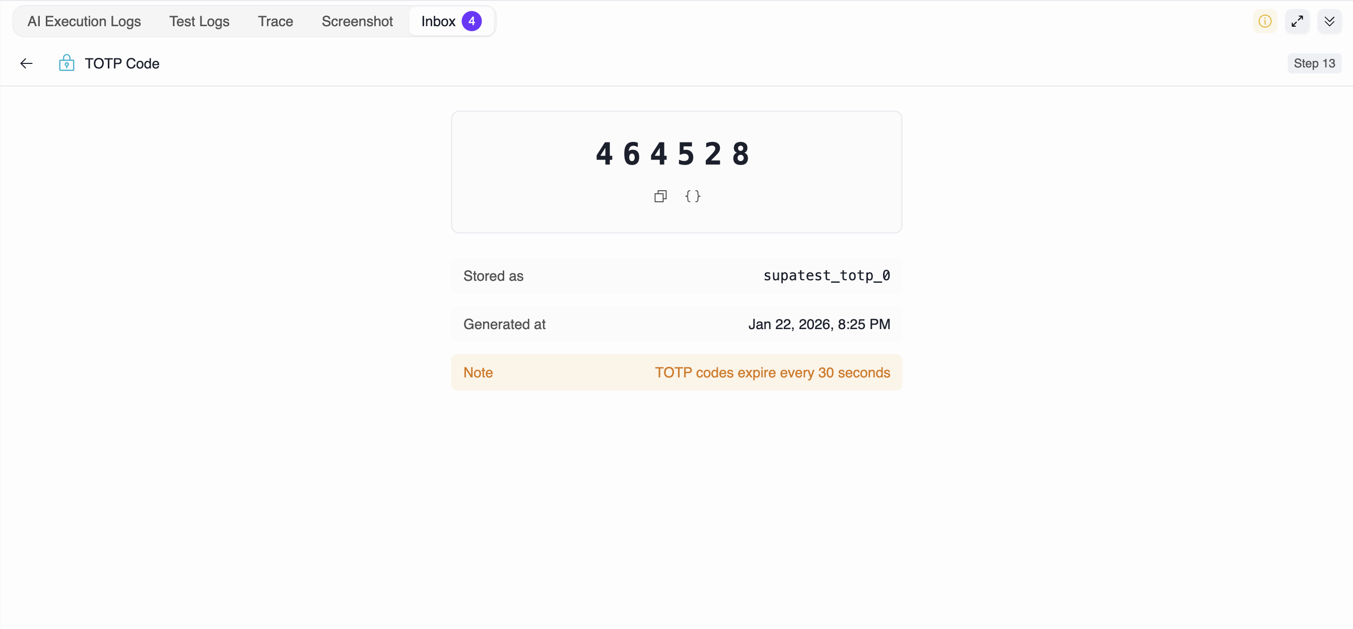 Editor Console Inbox showing TOTP code