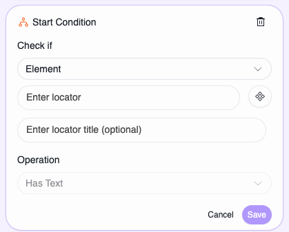 Start Condition form with Element vs Expression and Expected Value field