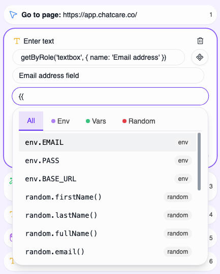 Autocomplete with Env/Vars/Random tabs