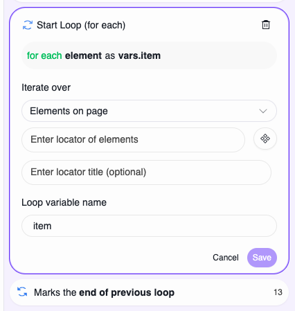 Loops overview showing Start Loop summary and End Loop boundary