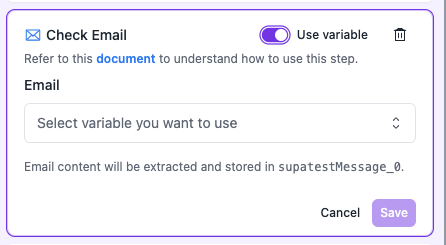 Assign a variable to reference in later check email step