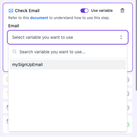 Assign a variable to reference in later check email step