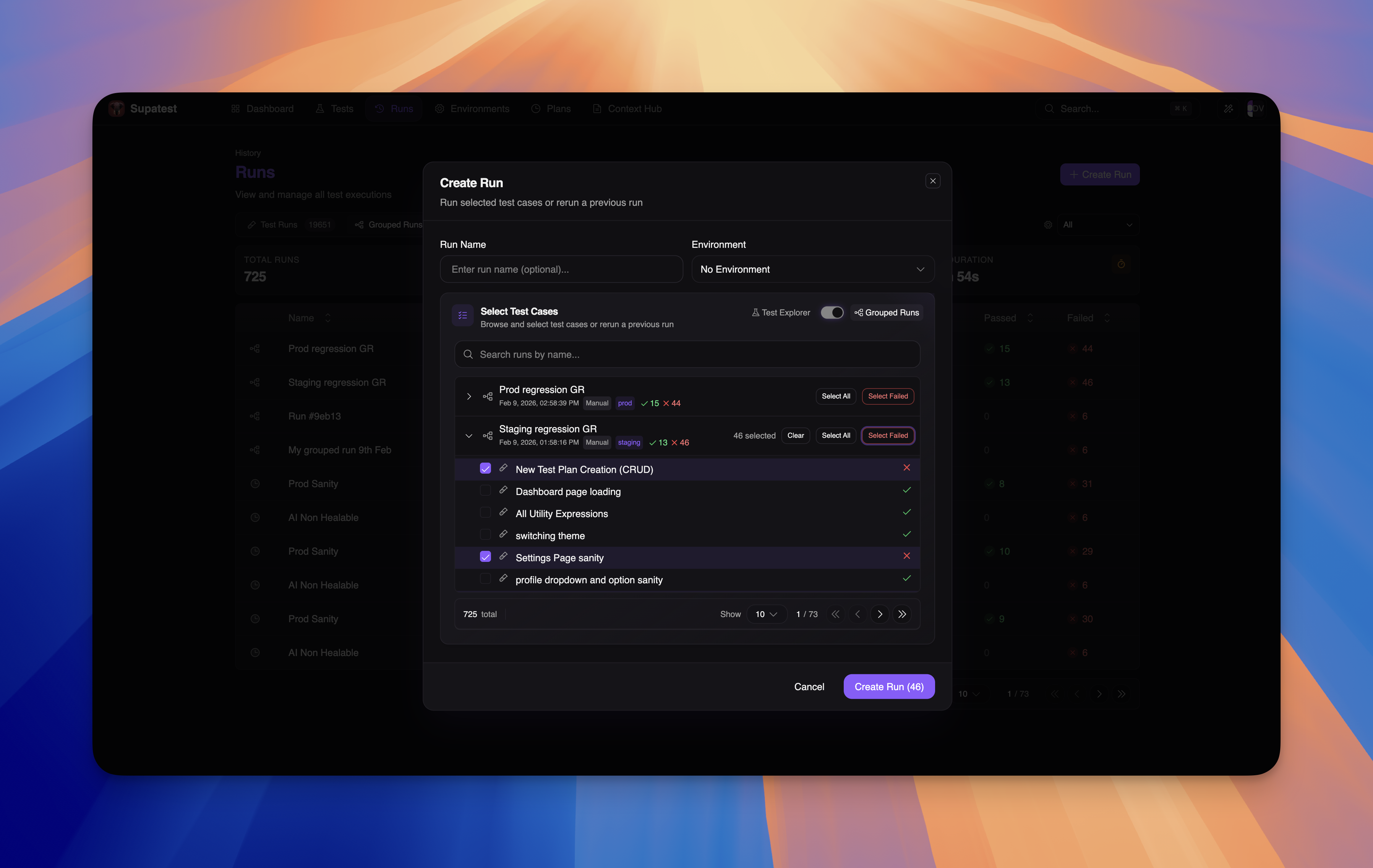Selecting tests from previous runs