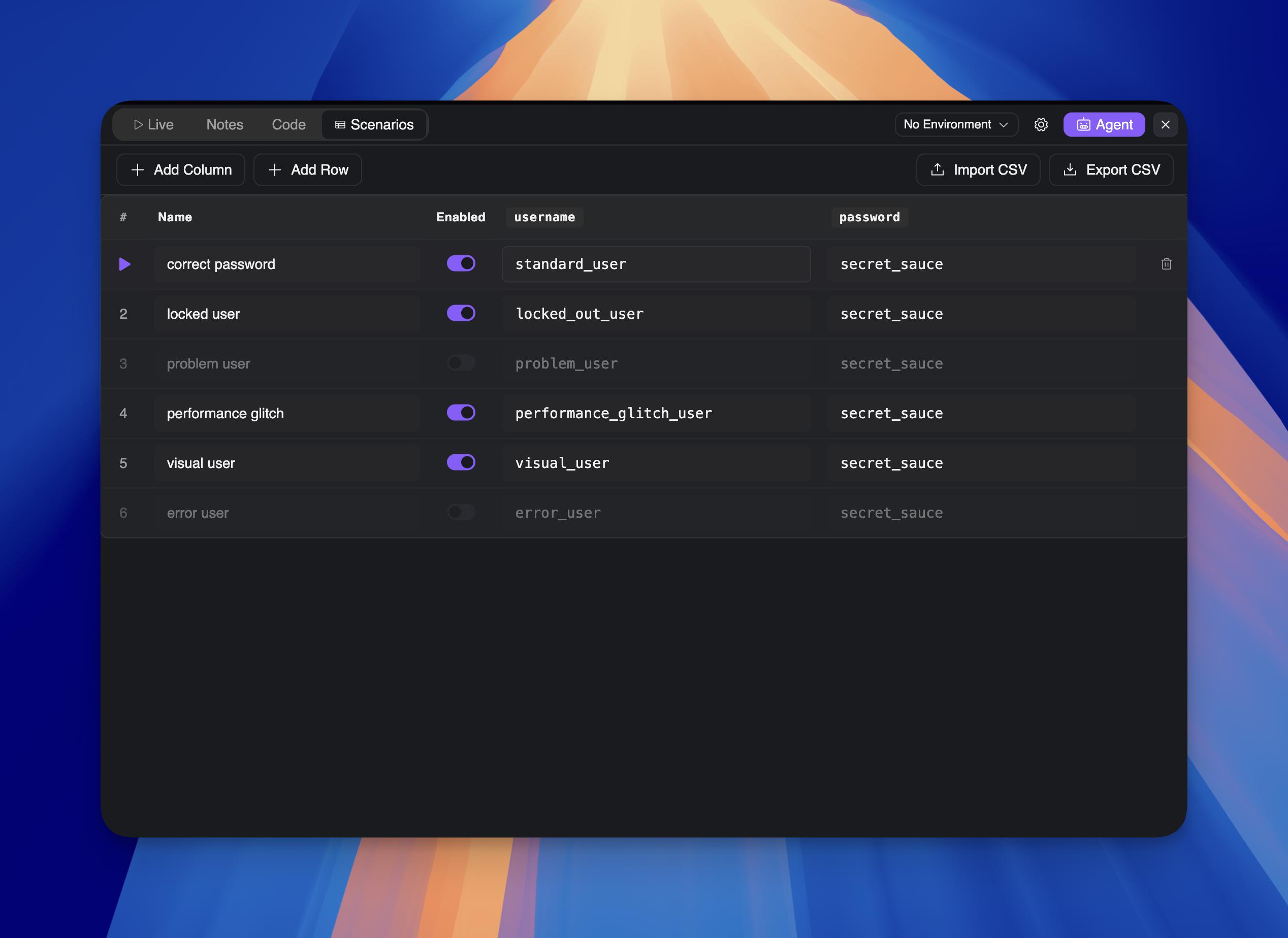 Scenarios tab with data table