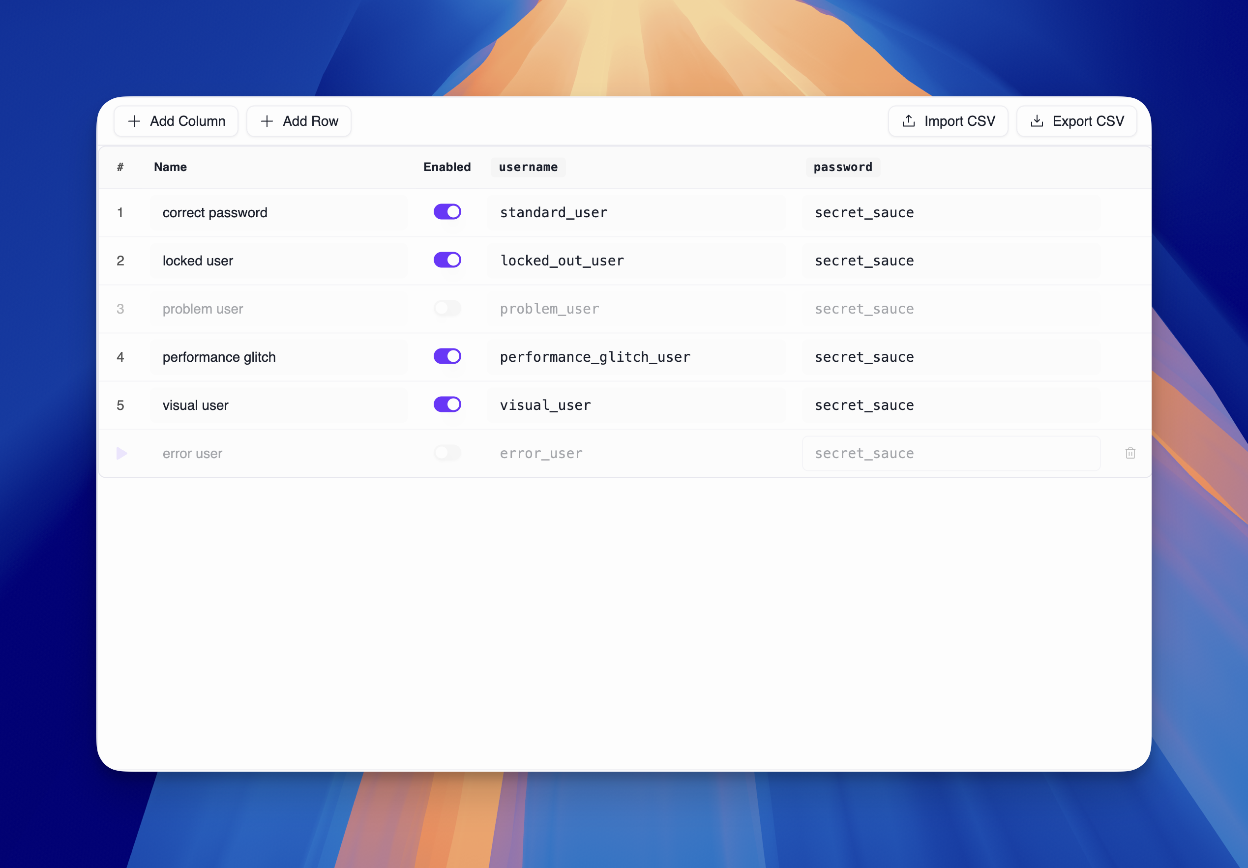Scenario table editor showing multiple data rows