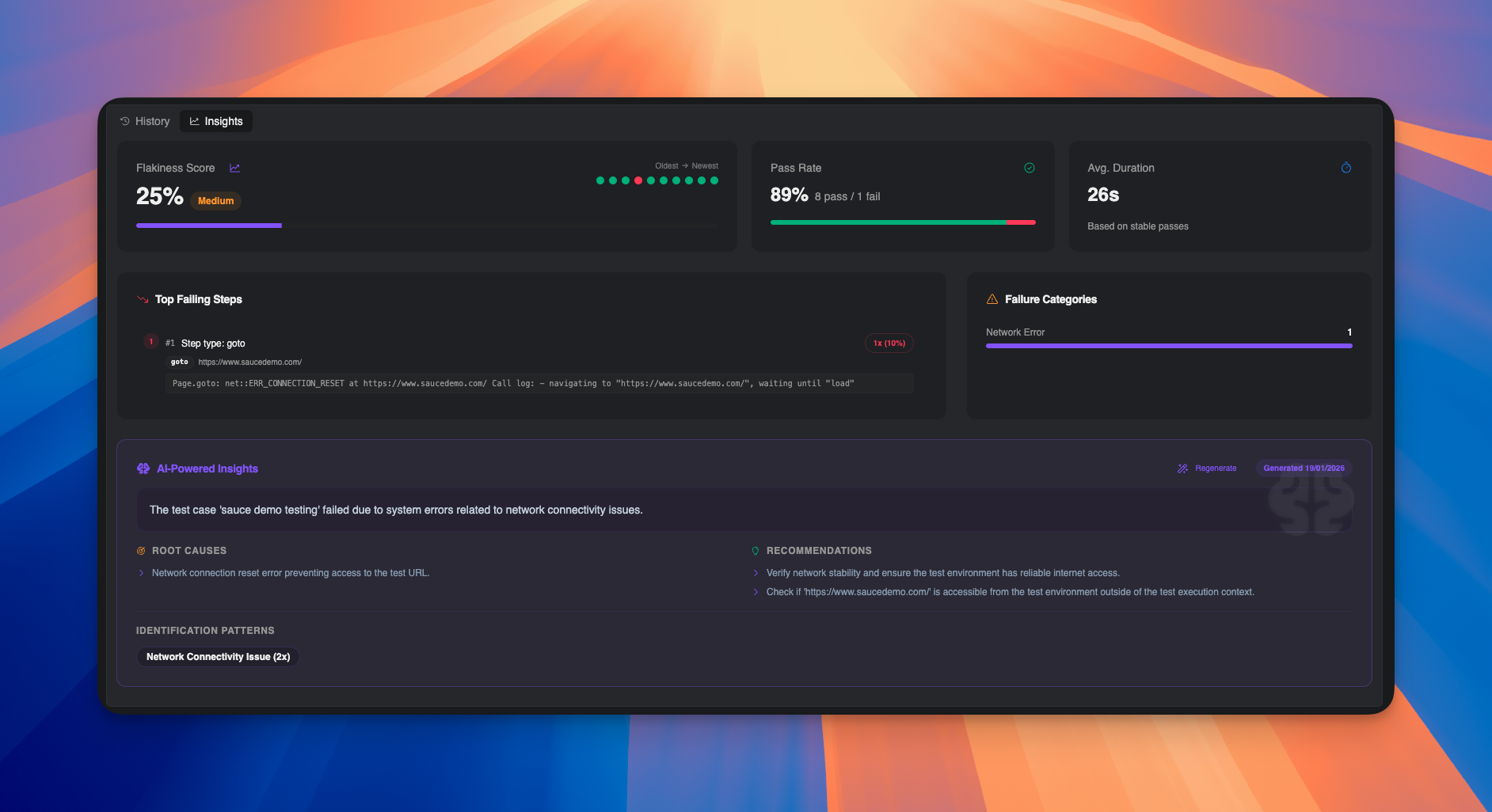 Dark mode Runs Insights tab showing analytics and AI-powered insights
