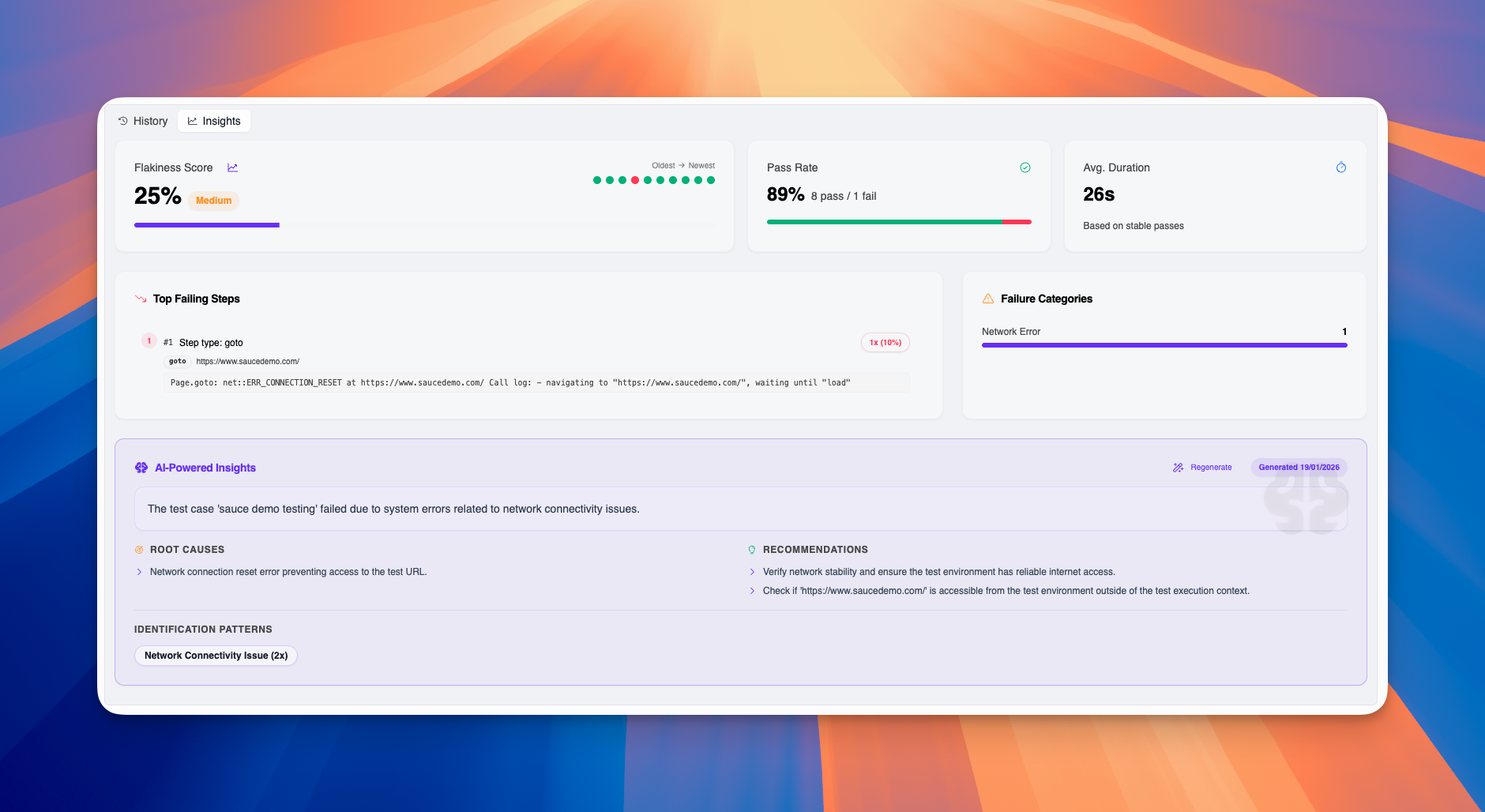 Light mode Runs Insights tab showing analytics and AI-powered insights