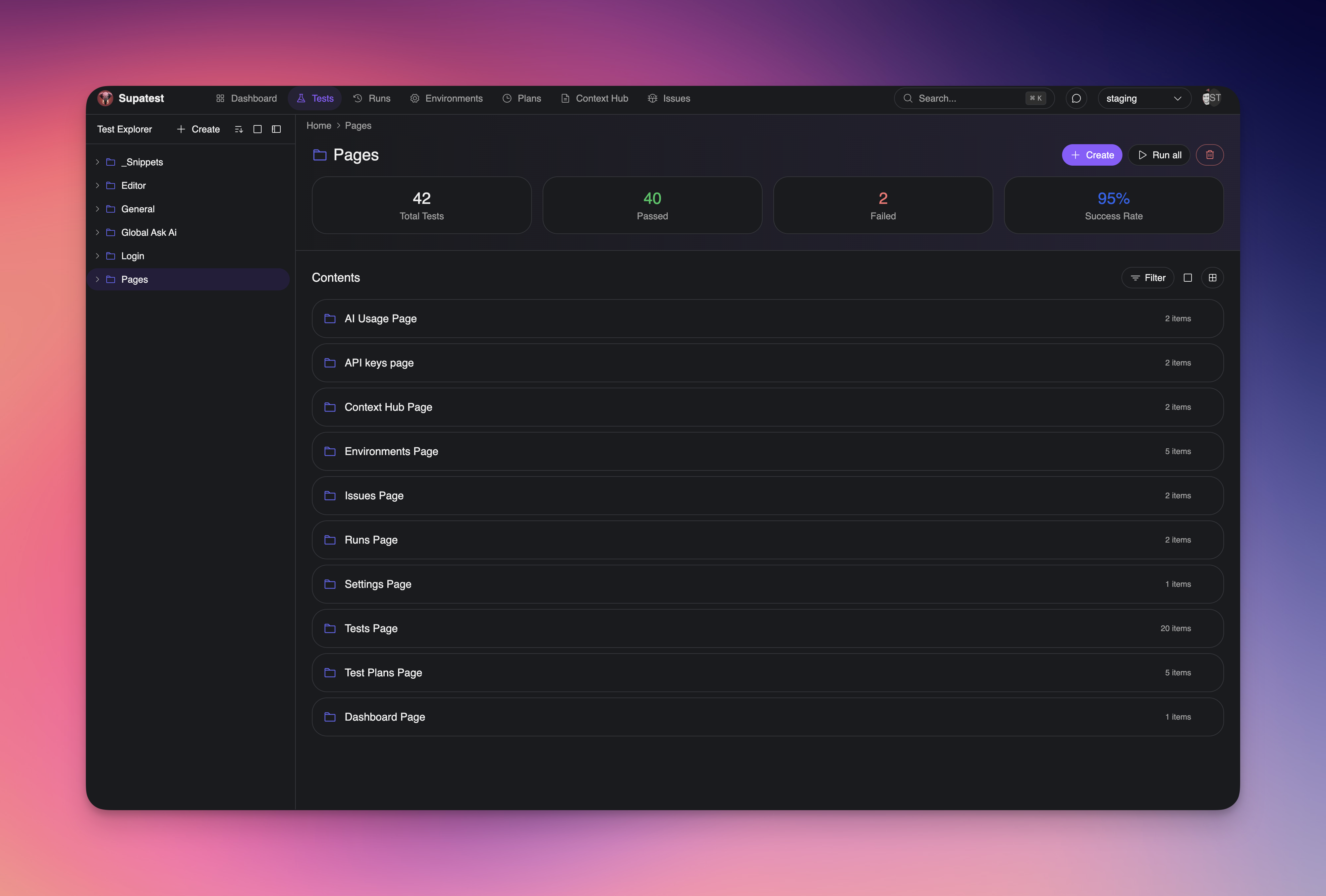Dark mode Test Explorer layout with folders and test cases