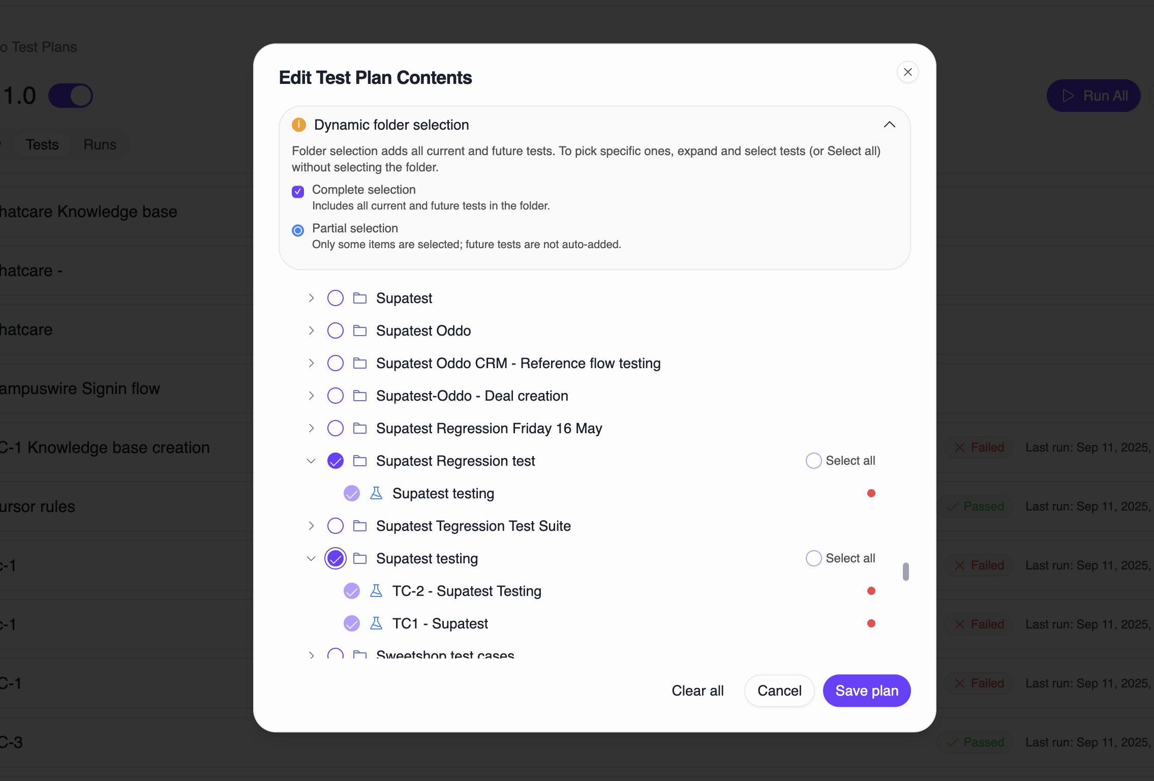 Select folders and tests