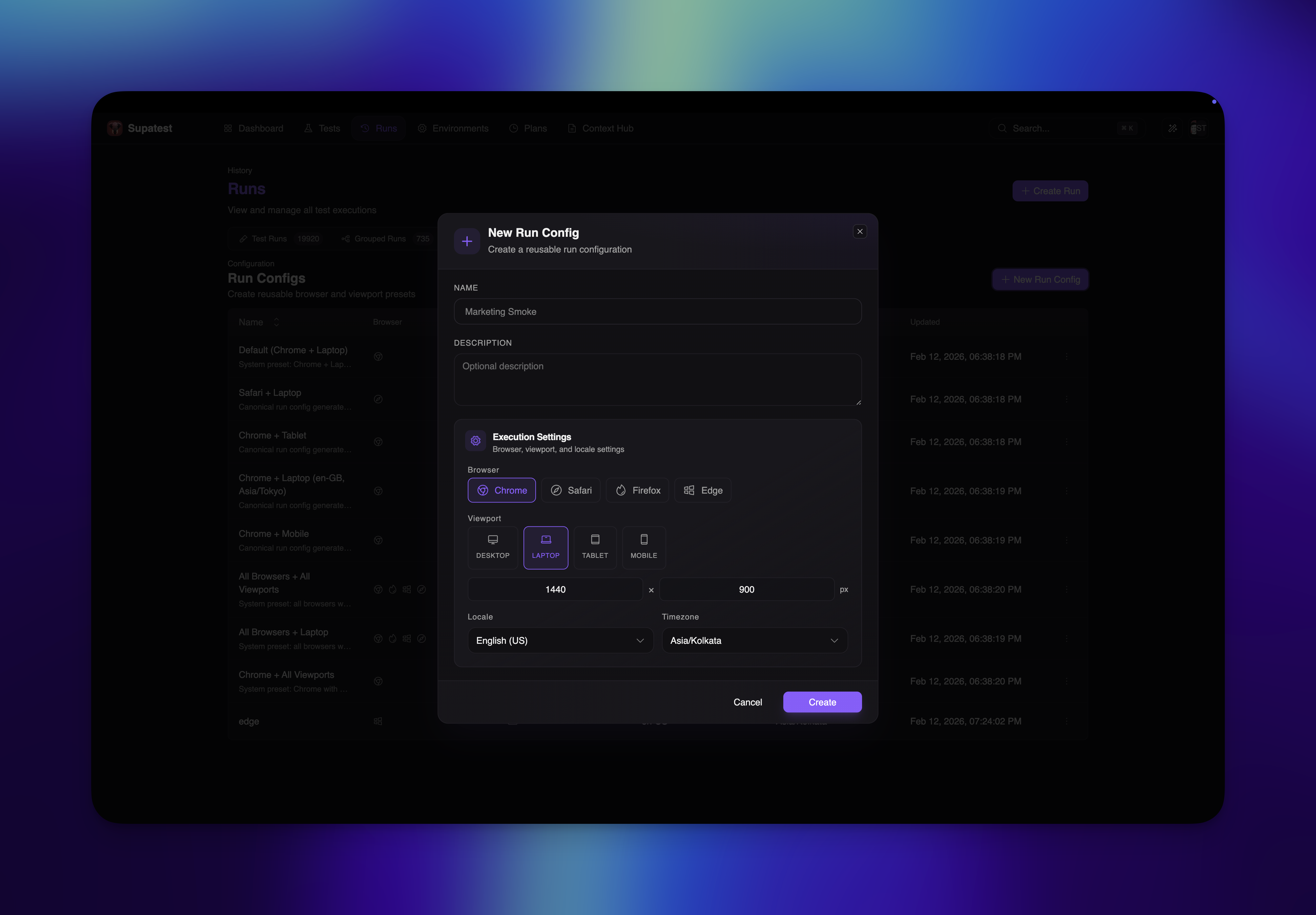 Create Run Config form in dark mode