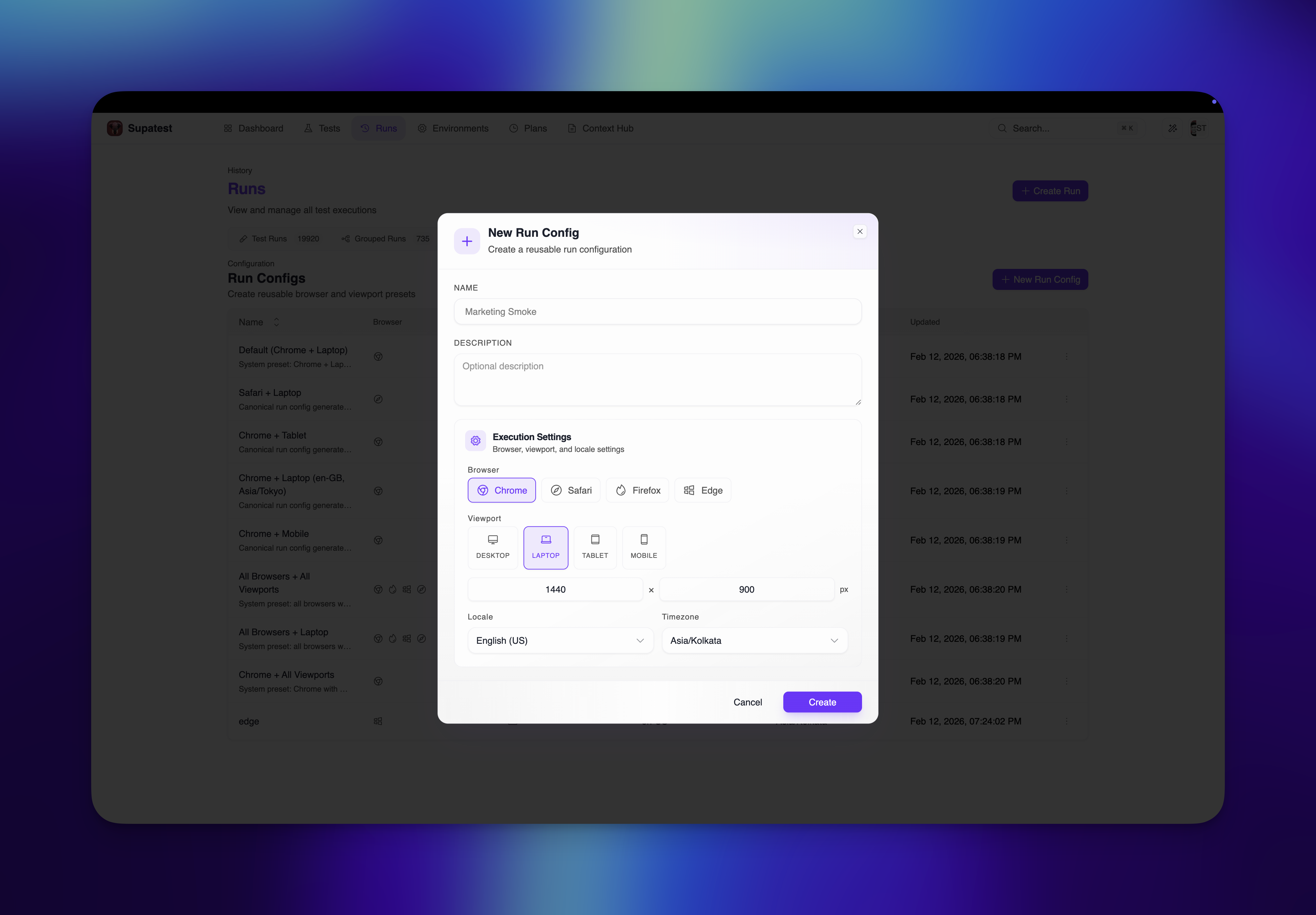 Create Run Config form in light mode