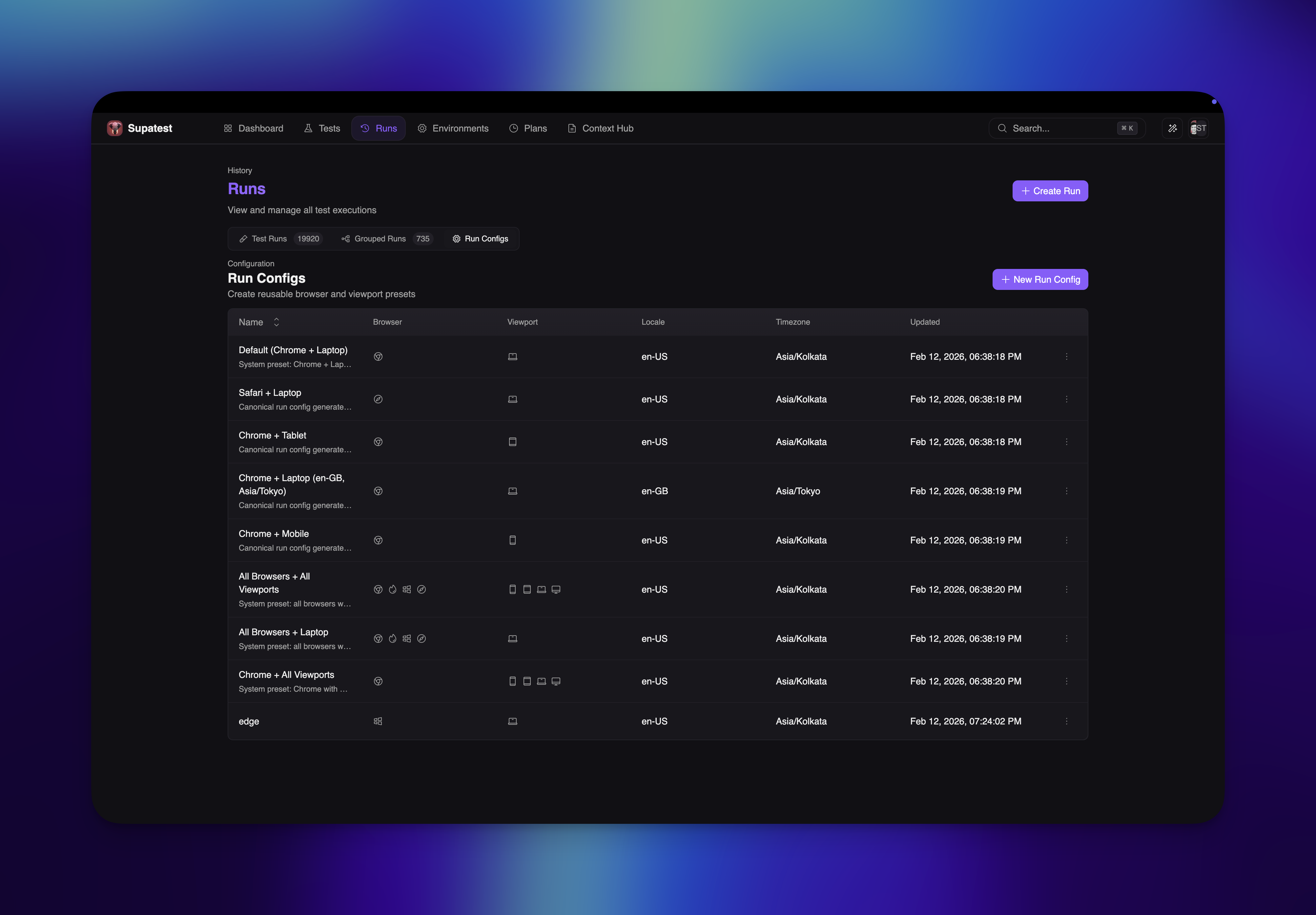 Run Configs tab list view in dark mode