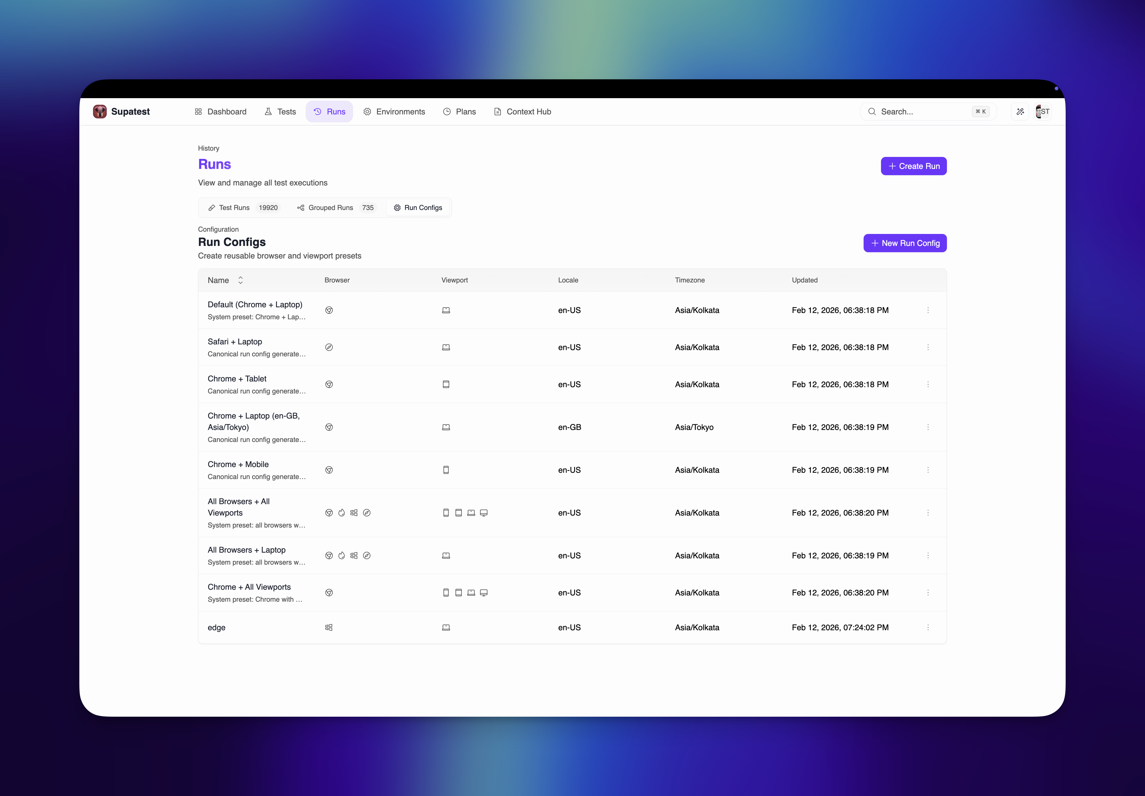 Run Configs tab list view in light mode