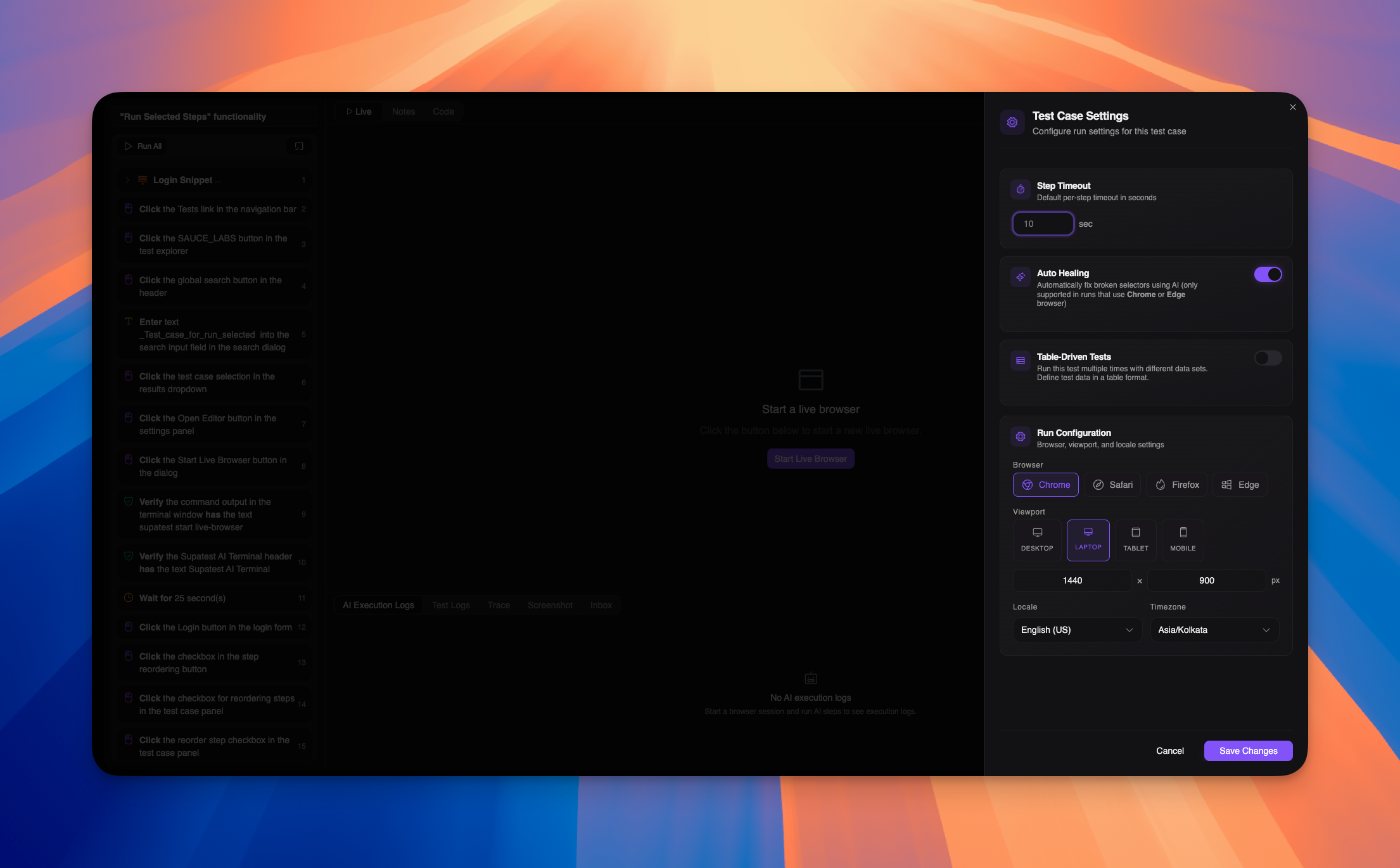 Test case settings dialog