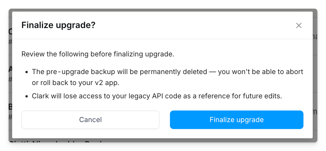 Button to finish upgrade