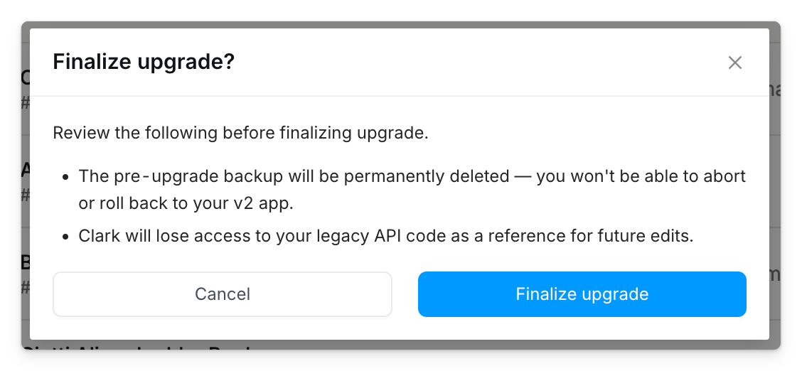 Button to finish upgrade