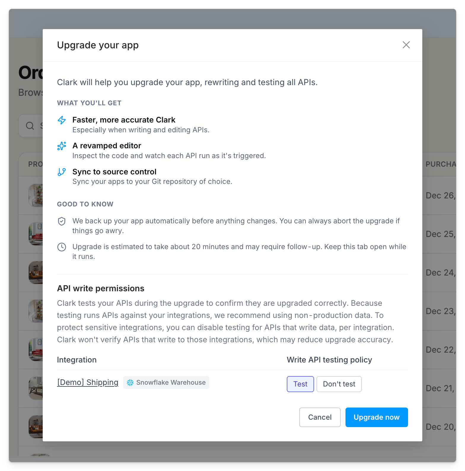 Application modal with with upgrade details for user to confirm
