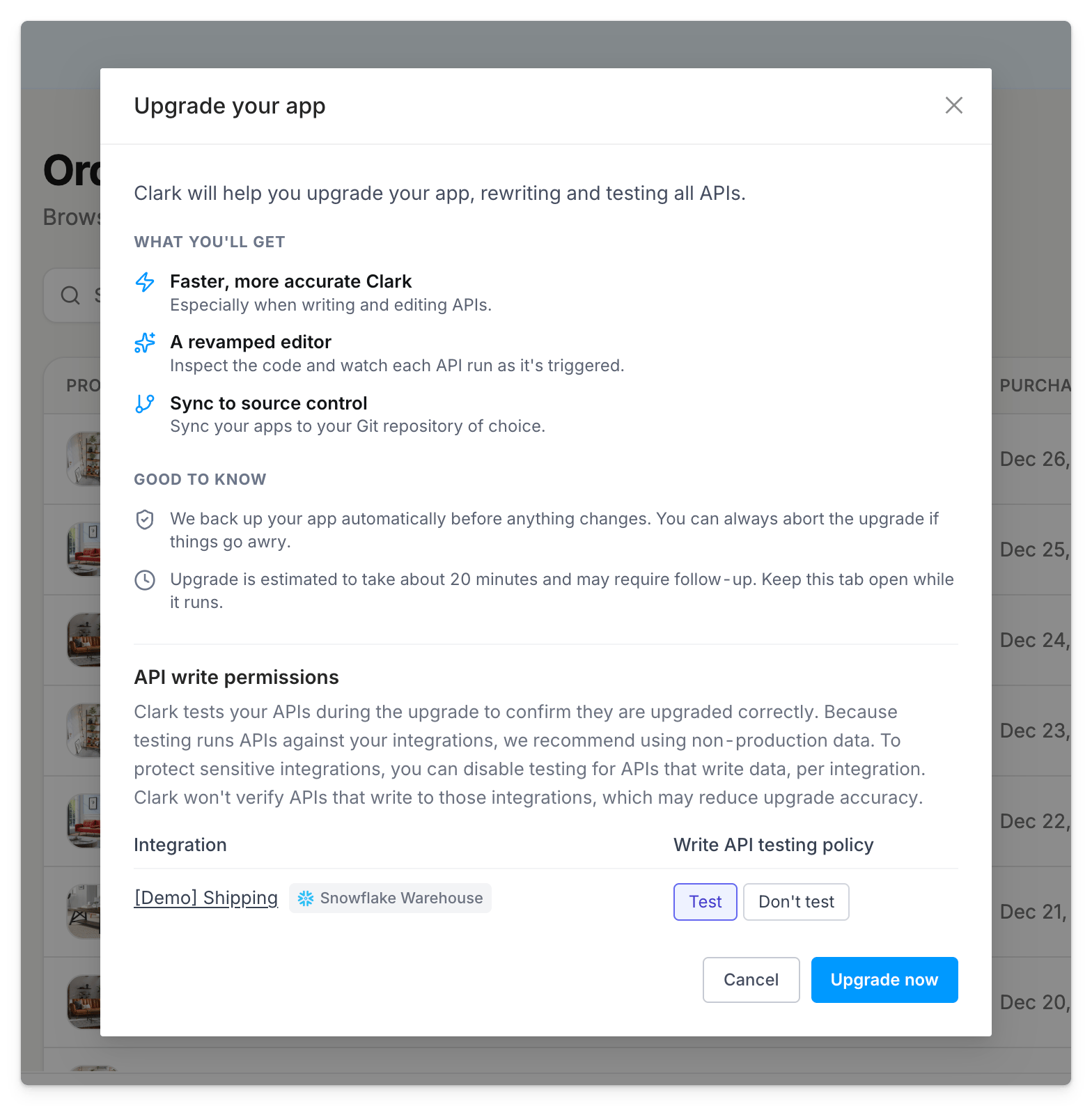 Application modal with with upgrade details for user to confirm