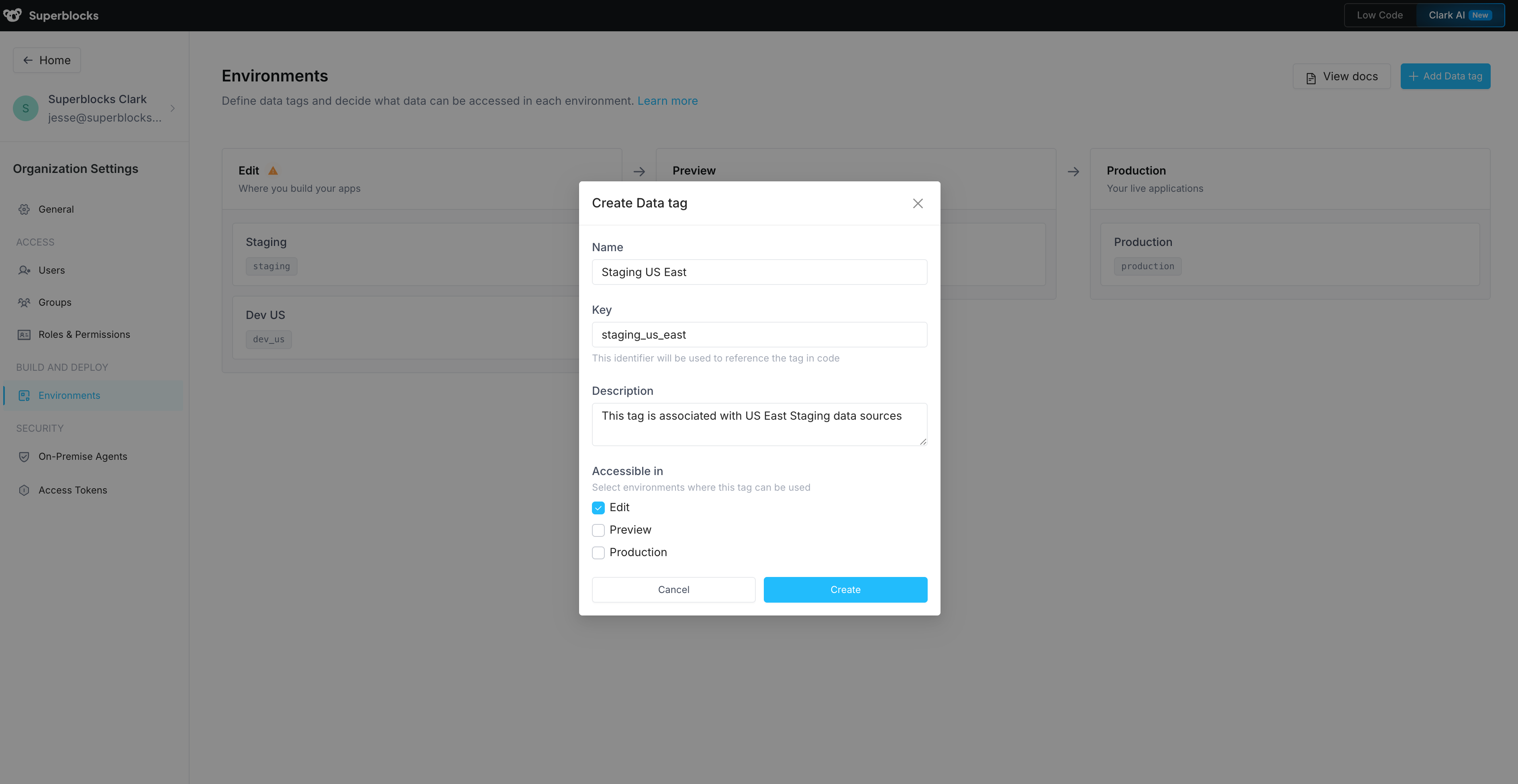 Manage environments & data tags - Superblocks Docs