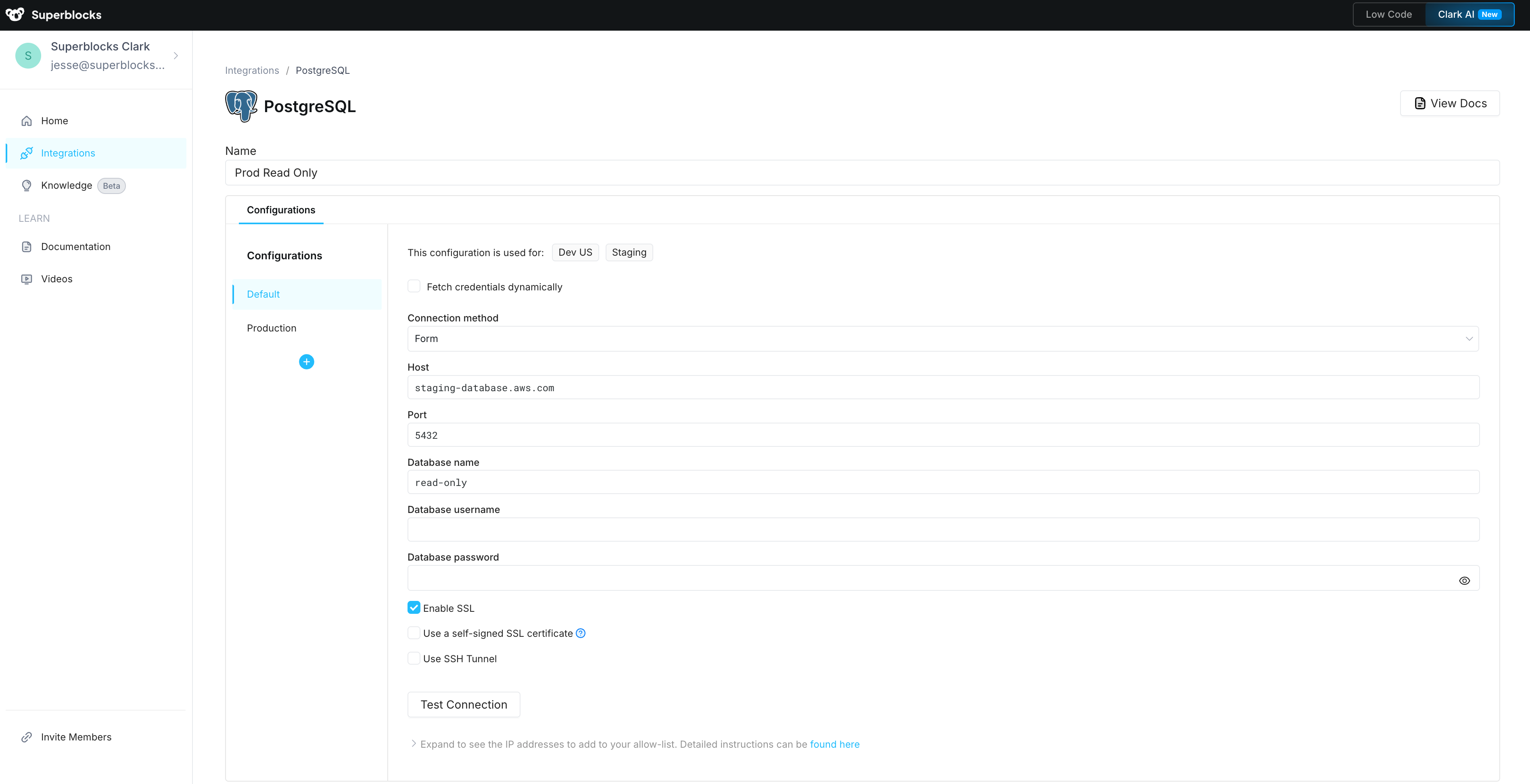Default integration configurations