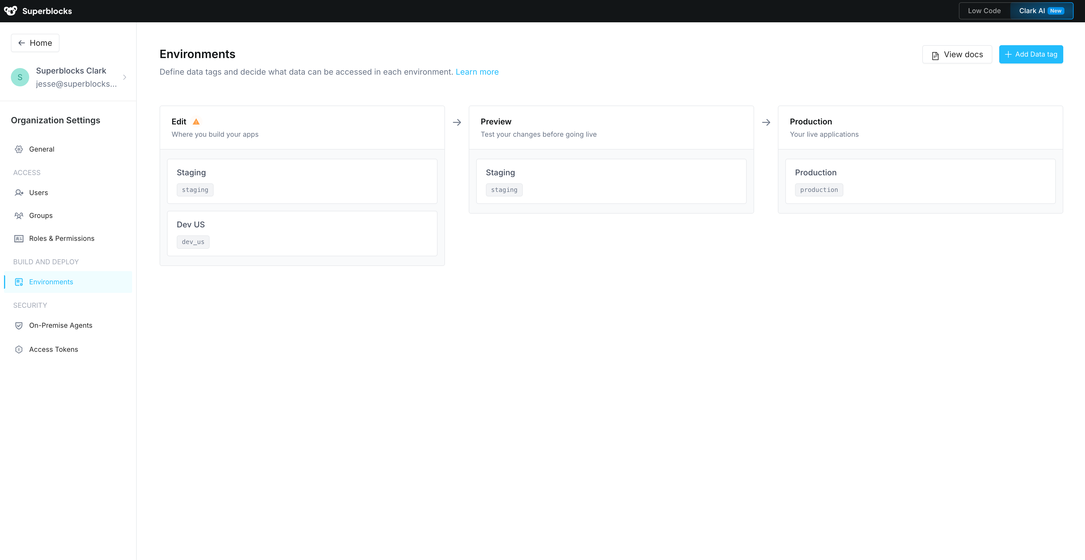 Manage environments & data tags - Superblocks Docs