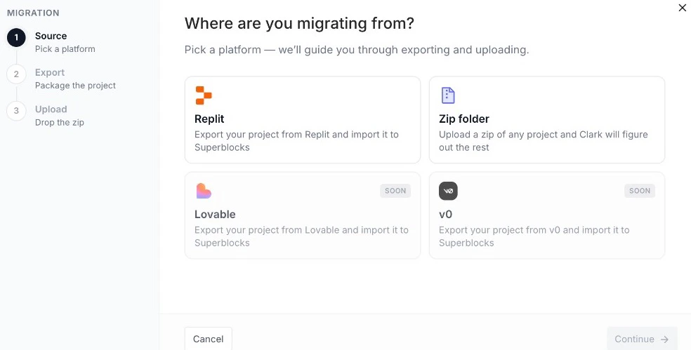 Choose migration source
