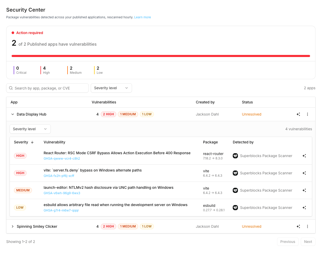 Security Center with summary, dependency scans, and expanded advisories